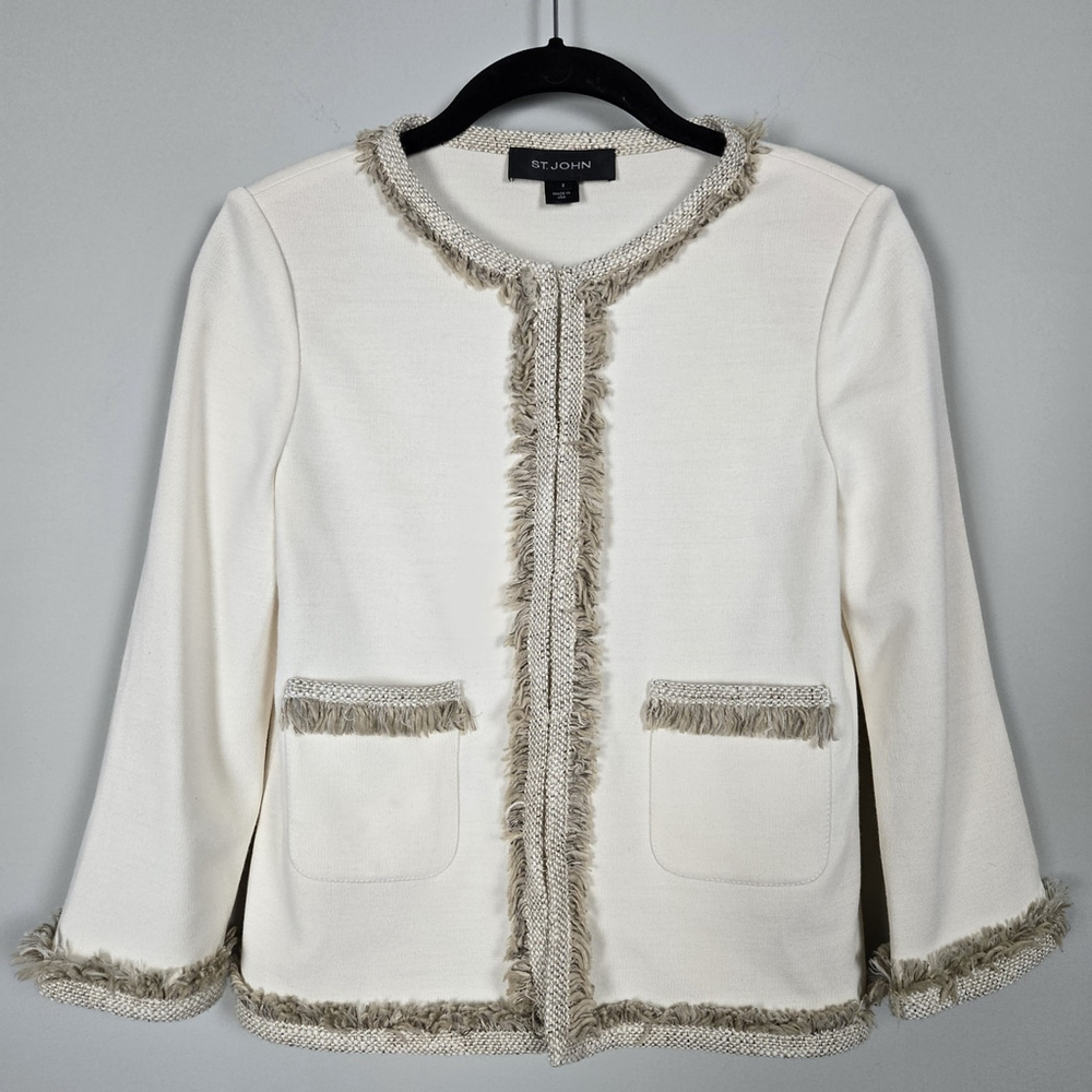 St John Womens Fringe Santana Knit Jacket Size 2 Cream Wool Old Money Preppy